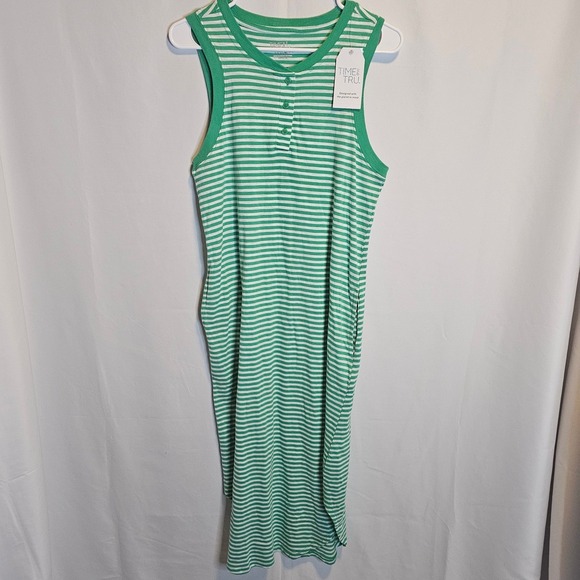 Time and Tru Dresses & Skirts - Time and‎ Tru Striped Henley Dress Women's Size S Sleeveless Casual Green White